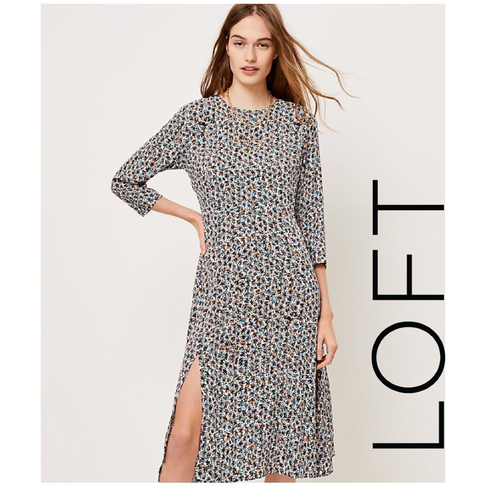 Loft Floral Long Sleeve Modest Midi Dress Size 10